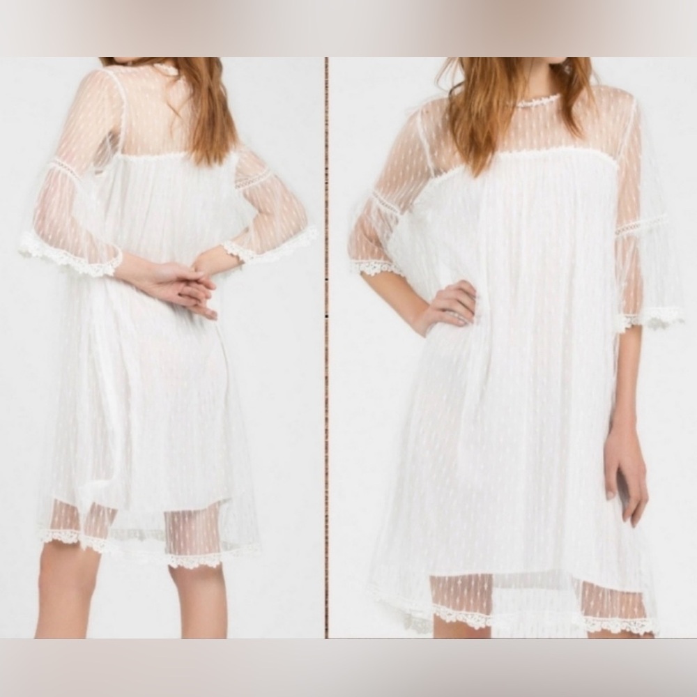 POL Ivory Lined Sheer Lace Mini Dress with Floral Details, Large